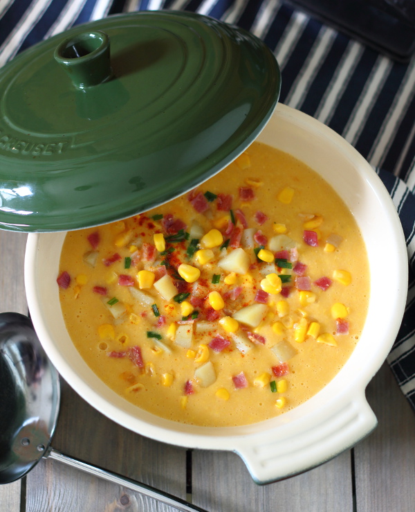 Smoky Bacon and Sweet Corn Chowder Recipe - comforting, hearty and filling, it's a great winter warmer! Only seven ingredients.