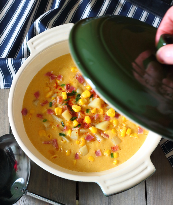 Smoky Bacon and Sweet Corn Chowder Recipe - comforting, hearty and filling, it's a great winter warmer! Only seven ingredients.