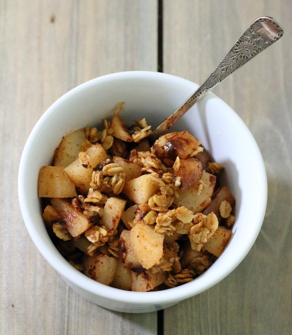 Spiced Pear & Chocolate Crisp Recipe - Pears, chocolate and spices are combined in this tasty fruit crisp, made with whole-grains, coconut oil and maple syrup.